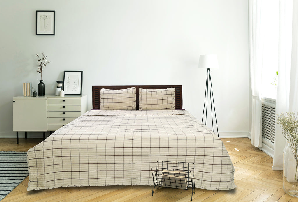 Windowpane Beige and Brown Cotton Coverlet Set