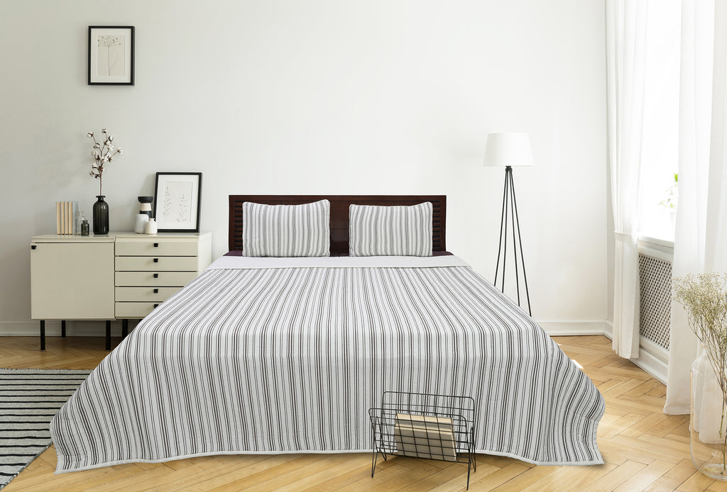 Ticking Stripe Ivory and Brown Cotton Quilt Set