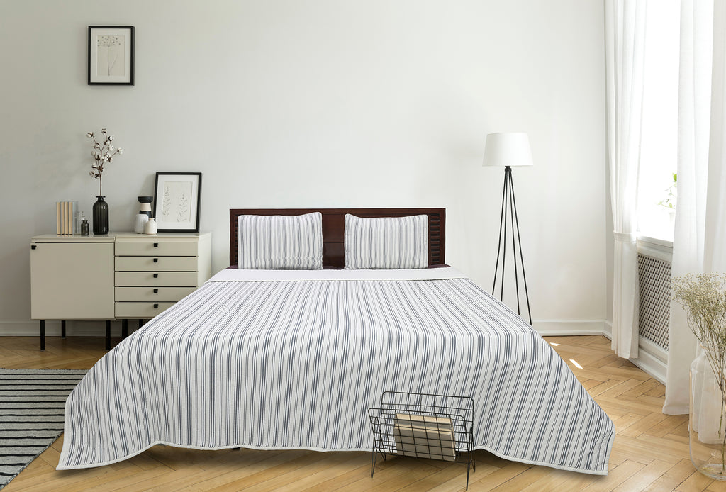Ticking Stripe Ivory and Blue Cotton Quilt Set