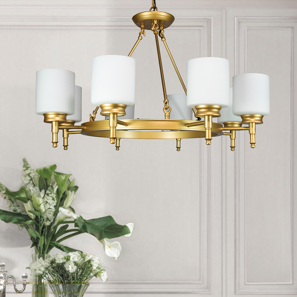 Antora Vintage Gold Wagon Wheel Light Fixture with Semi White Glass Shades, 8 Bulb, Elegant Overhead Lighting and Home Decor, Entryway, Dining Room, and Foyer
