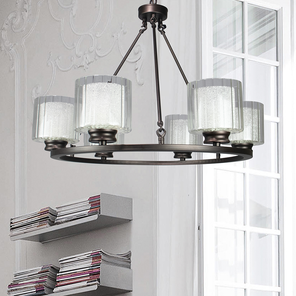 Fremont 6 Bulb Wagon Wheel Light Fixture with Glass Shades, Elegant Overhead Lighting for Foyer, Living and Dining Room, or Home Entryways, Dimmable Option