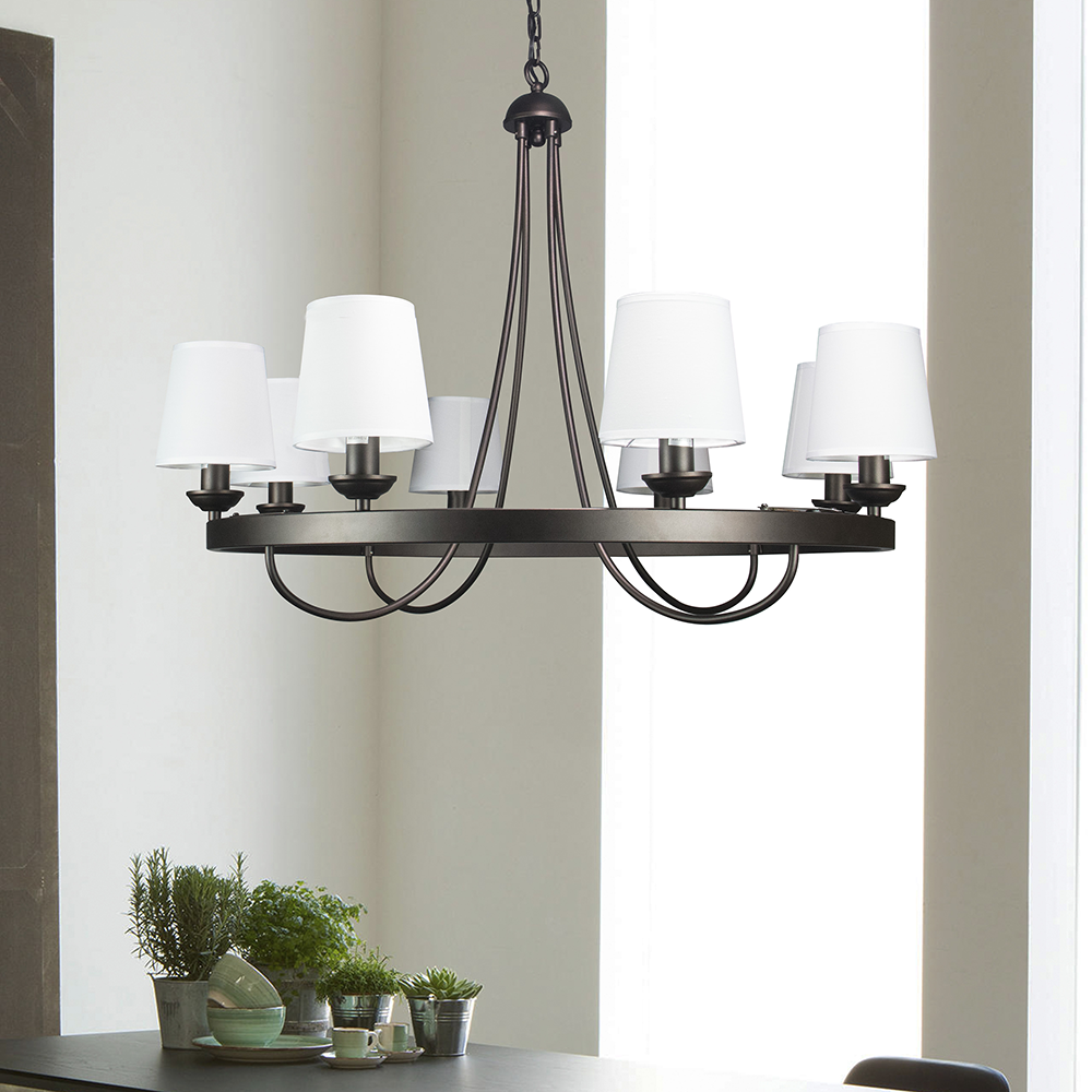 Baden Rustic Wagon Wheel Light Fixture with 8 Bulb and White Fabric Shades, Overhead Lighting with Vintage Black Frame for Foyer, Home, Living or Dining Room