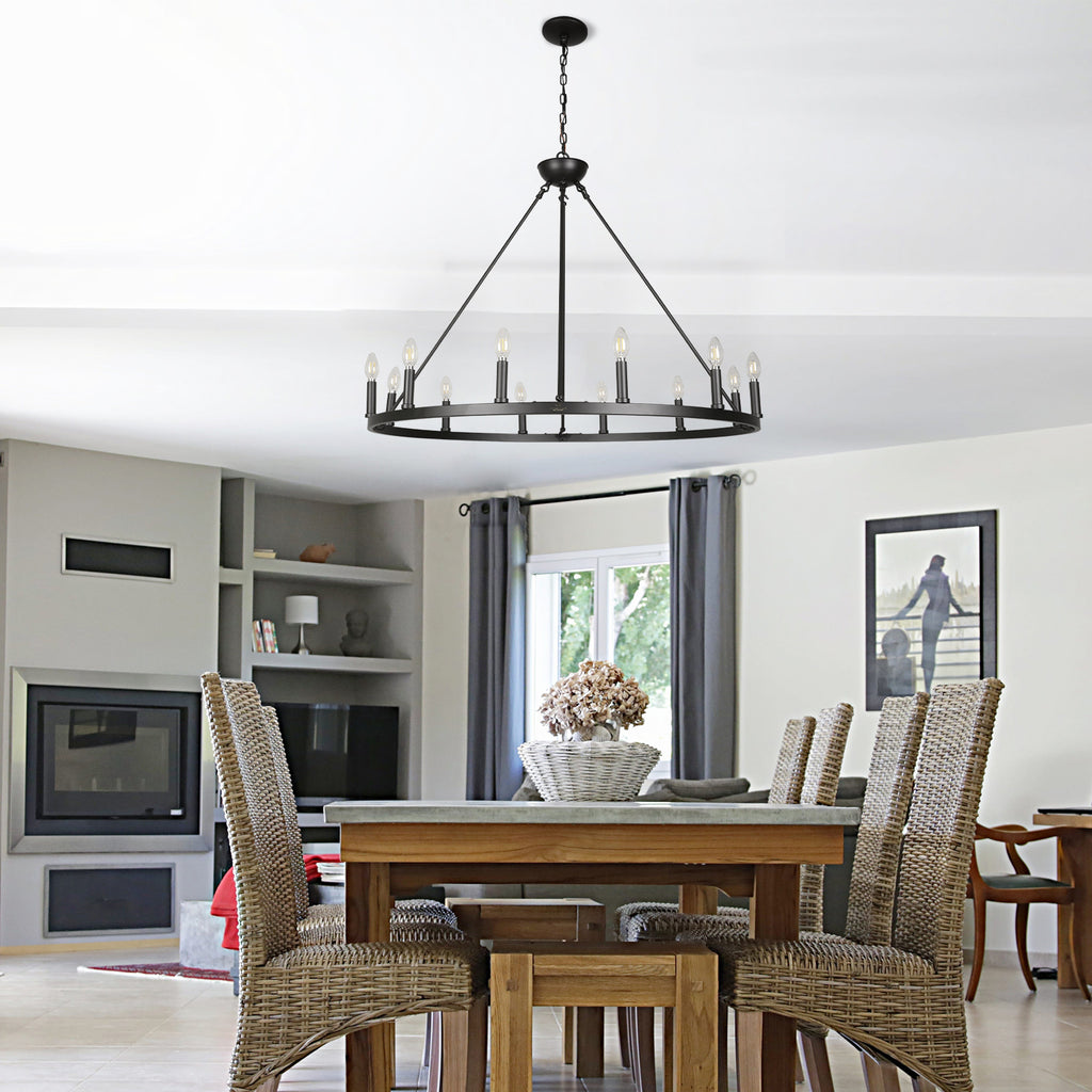 12-light 37" W Dimmable Wagon Wheel Chandelier