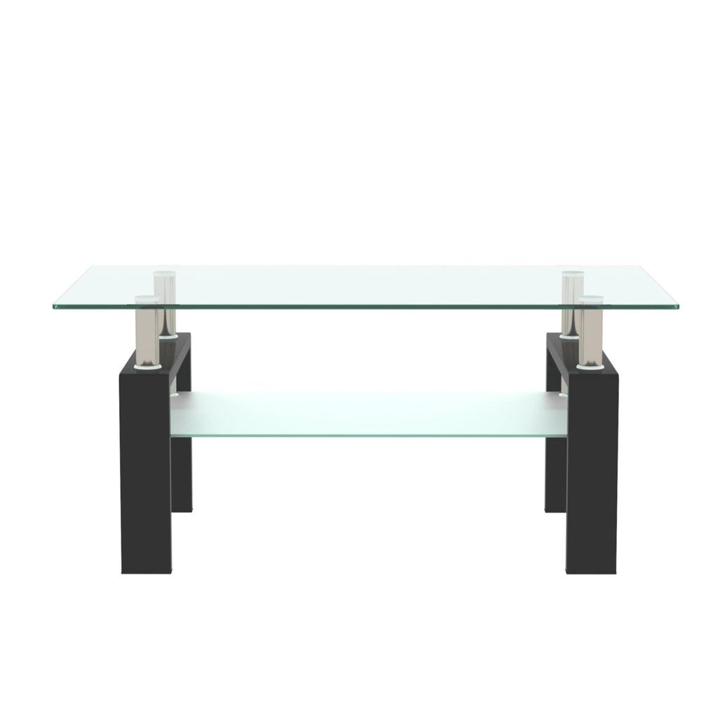 Tansole 38.6 in. Black Rectangle Glass Coffee Table With 2 Tier Storage Space