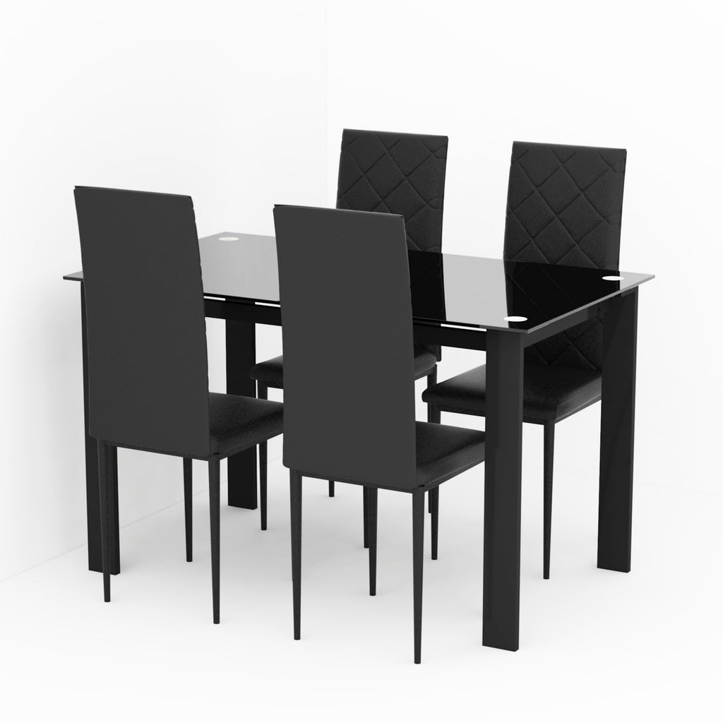 Tansole 5-Piece Rectangle Glass Top Black Metal Frame Rhombic Leather Dinning Chair and Table Set