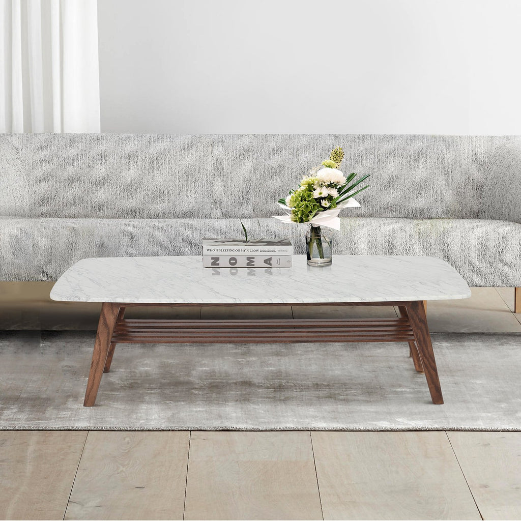 Laura 43" x 24" Rectangular Italian Carrara White Marble Coffee Table with Shelf