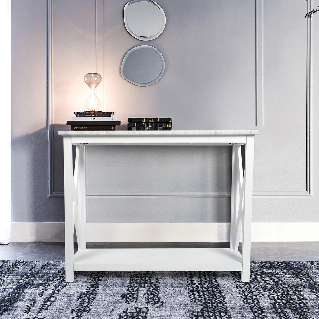 Agatha 39" x 12" Rectangular Italian Carrara White Marble Console Table with Solid Wood Legs
