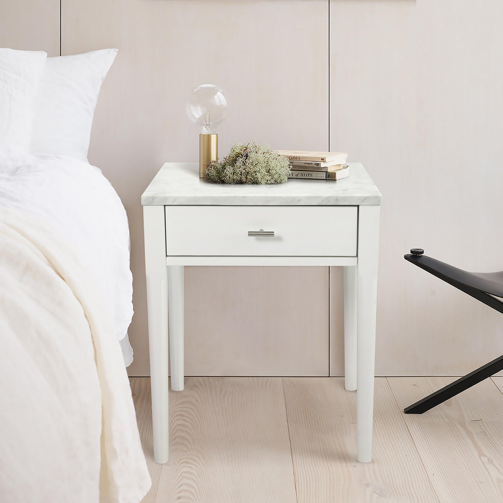 Alto 18" Square Italian Carrara White Marble Side Table with Black Wood Legs