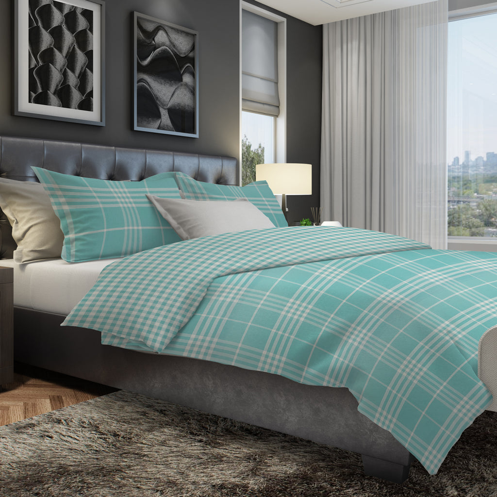 Banbury Plaid Turquoise Blue Reversible Duvet Cover Set with 1 Pillow Sham