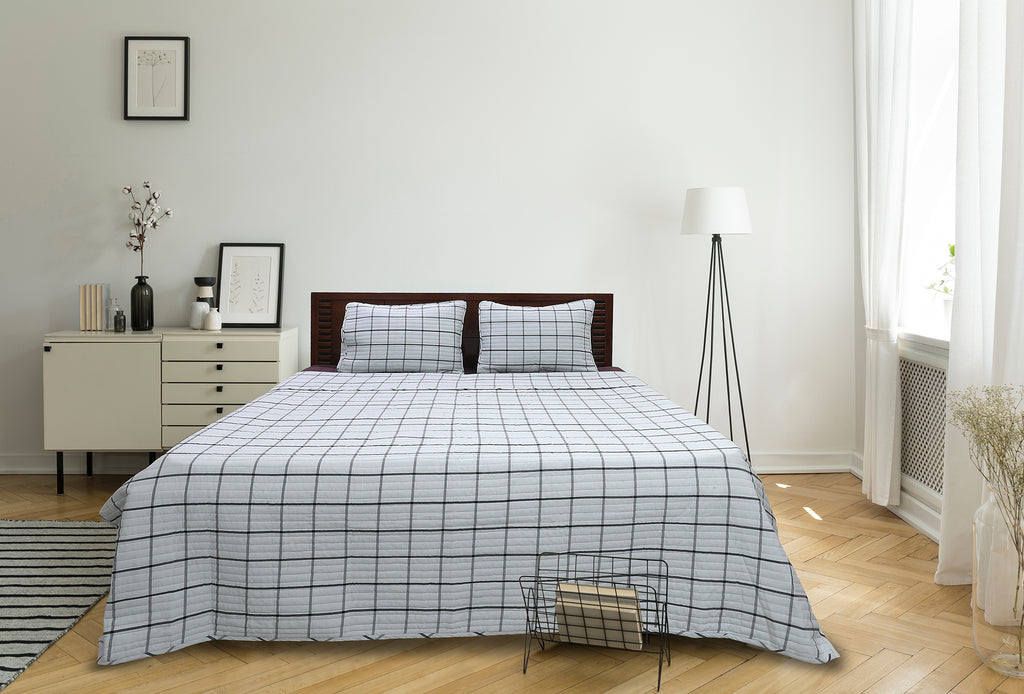 Windowpane Grey and Black Cotton Coverlet Set