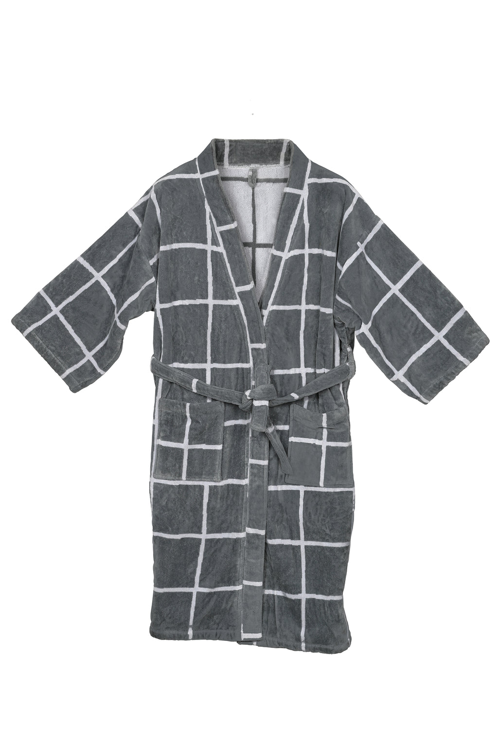 Grey and White Velour Fabric Bathrobe