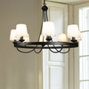 Baden Rustic Wagon Wheel Light Fixture with 8 Bulb and White Fabric Shades, Overhead Lighting with Vintage Black Frame for Foyer, Home, Living or Dining Room