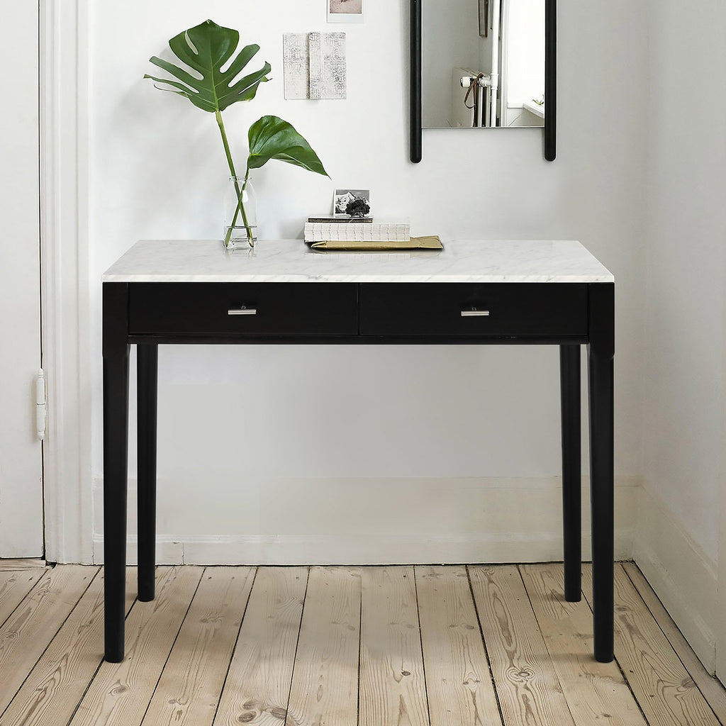 Meno 36" x 18" Rectangular Italian Carrara White Marble Console Table with Legs